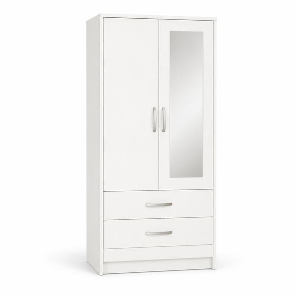 White 2-Door Wardrobe with Full-Length Mirror & 2 Storage Drawers