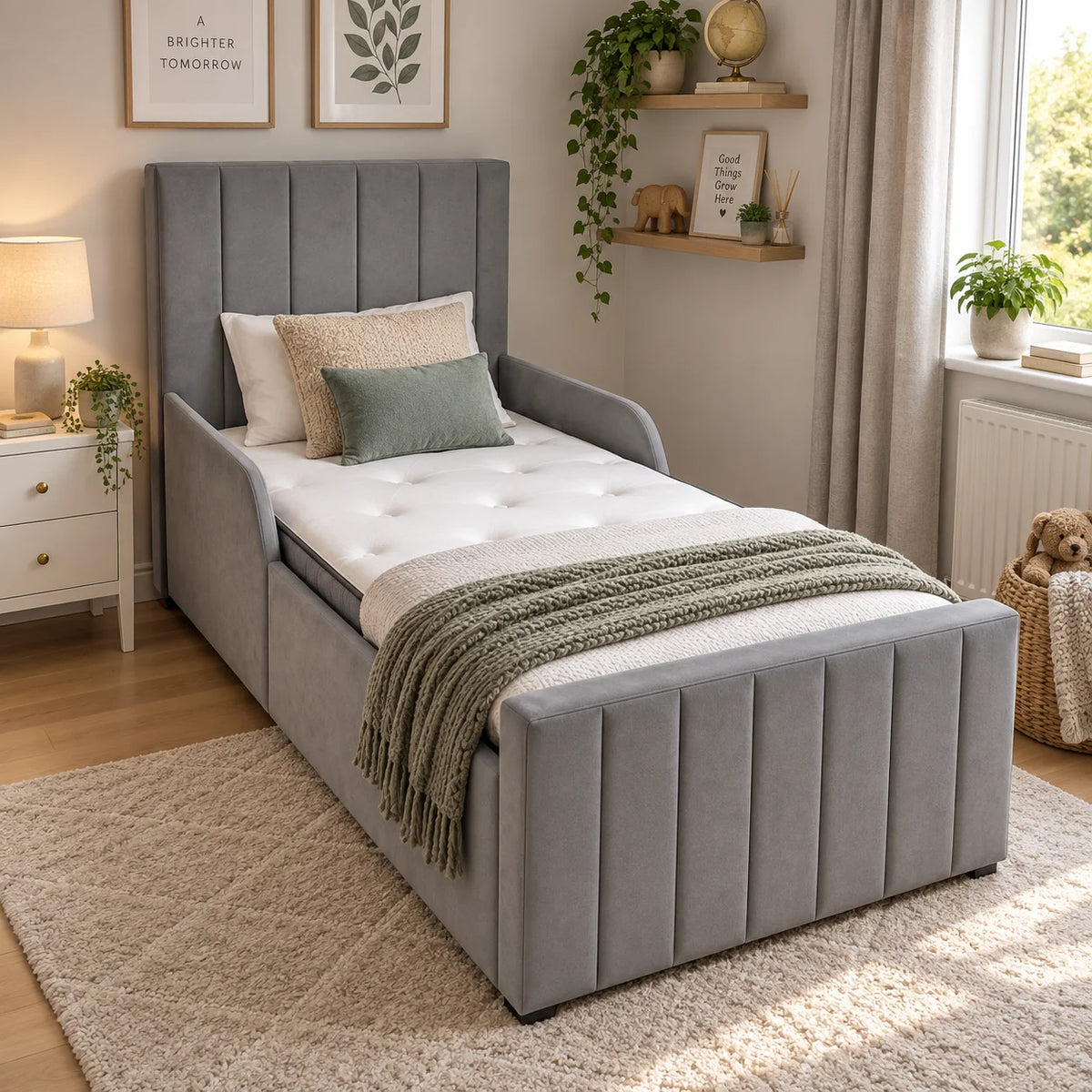 Luxury Baby & Toddler Bed | Panel Line | Safety Side Rails | Grey | Choose Sizes & Fabrics