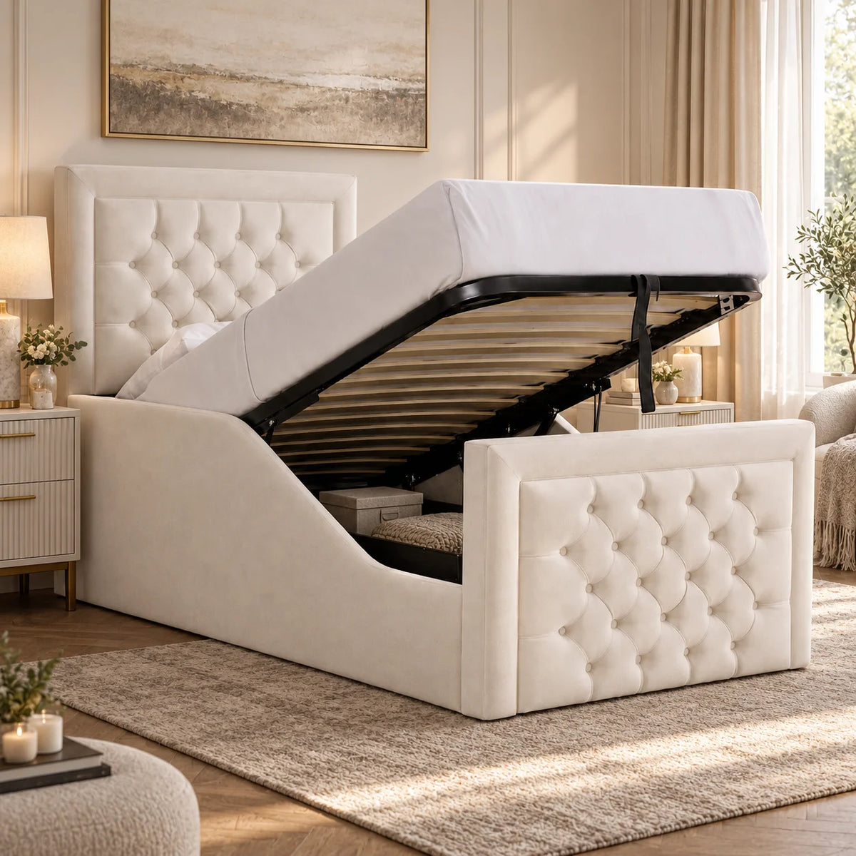 Luxury Children's Bed | Chesterfield | Gaslift Storage | Beige | Choose Sizes & Fabrics