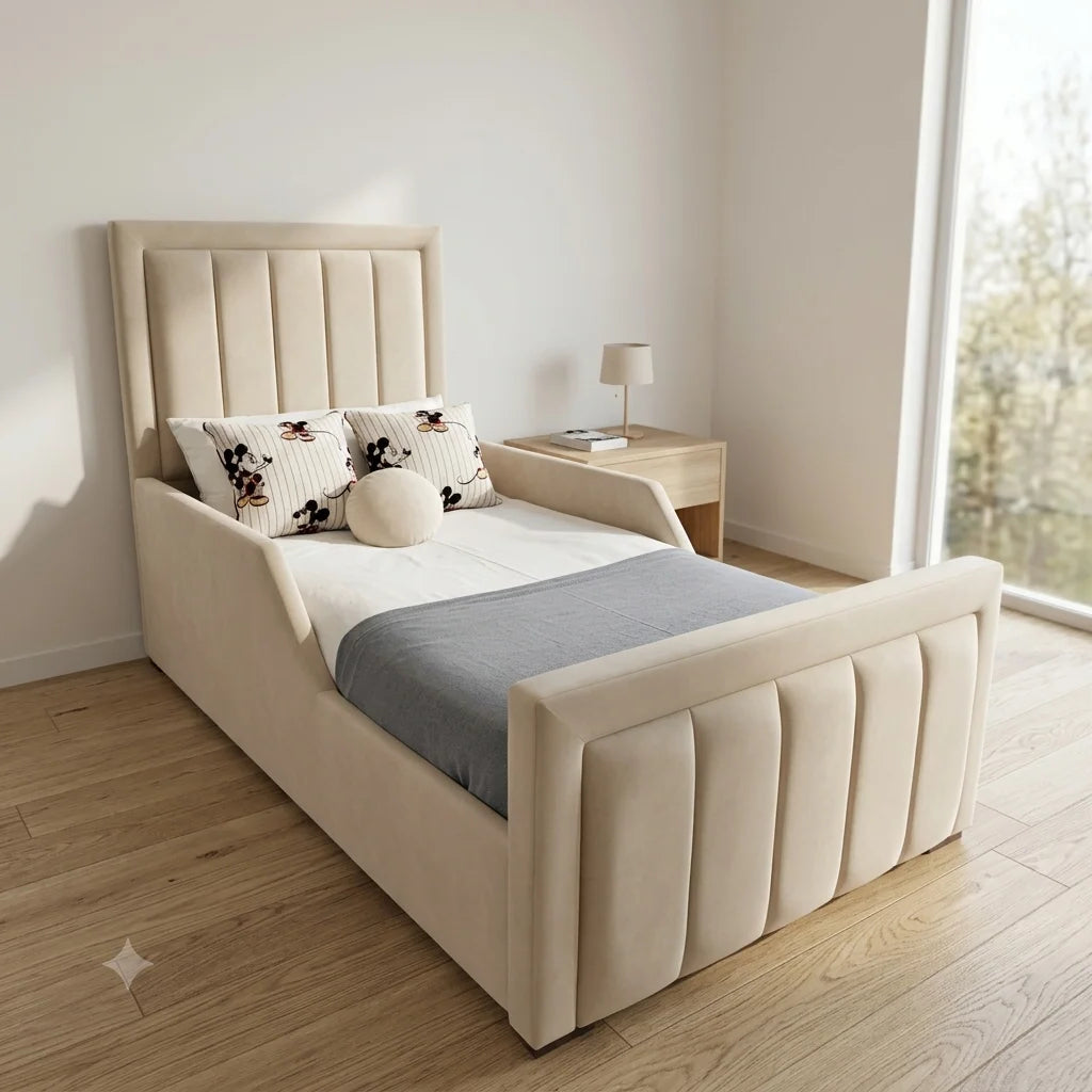 Luxury Children's Bed | Panel Line | Side Wing Design | Beige | Choose Sizes & Fabrics