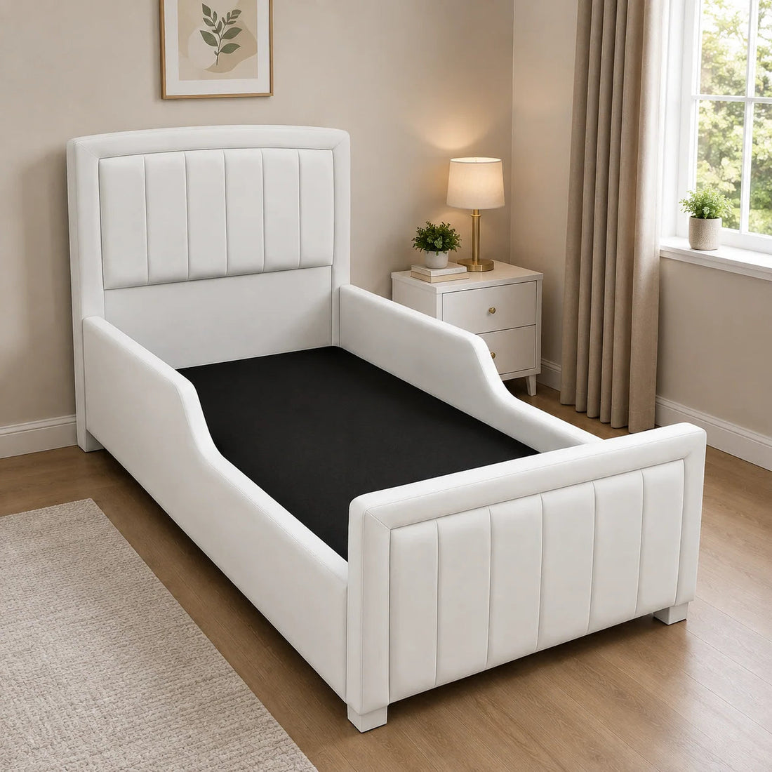 Luxury Children's Bed | Panel Line | Curved Safety Rails | White | Choose Sizes & Fabrics