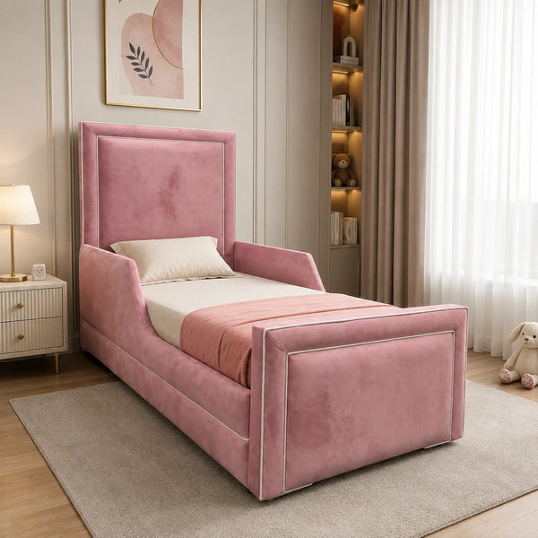 Luxury Children's Bed | Plain Panel | Contrast Piping | Pink | Choose Sizes, Colours & Fabrics
