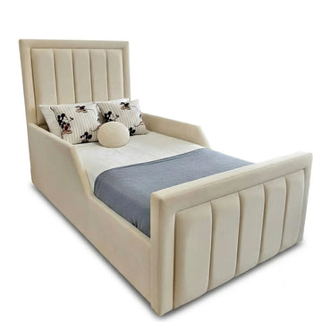 Luxury Children's Bed | Panel Line | Side Wing Design | Beige | Choose Sizes & Fabrics