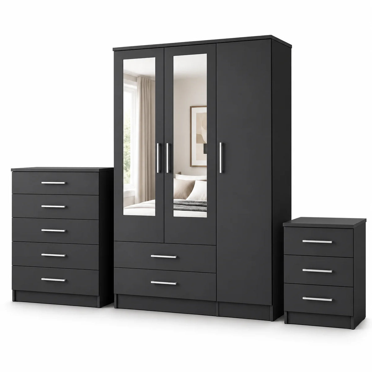 3-Door Wardrobe Bedroom Set with Chest & Bedside Cabinet | Choose Colours