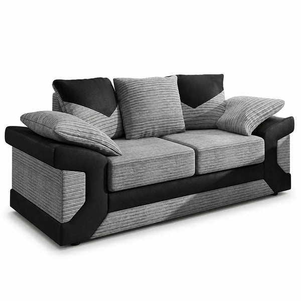 A modern two-seater sofa with textured gray fabric and black trim, featuring matching throw pillows, shown on a plain white background.
