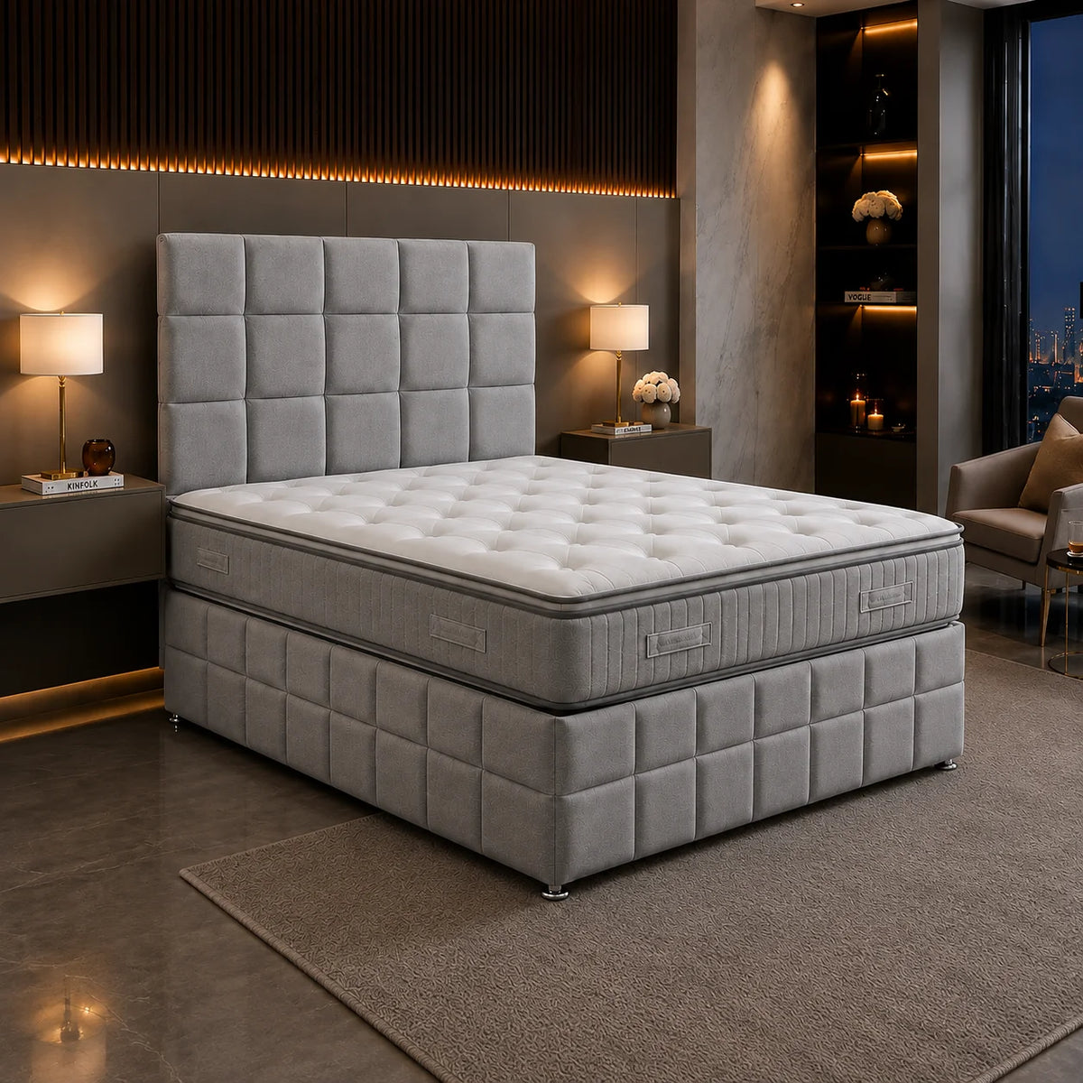 Cube Panel Divan Bed with Matching Cube Headboard | Choose Size, Colour & Fabric