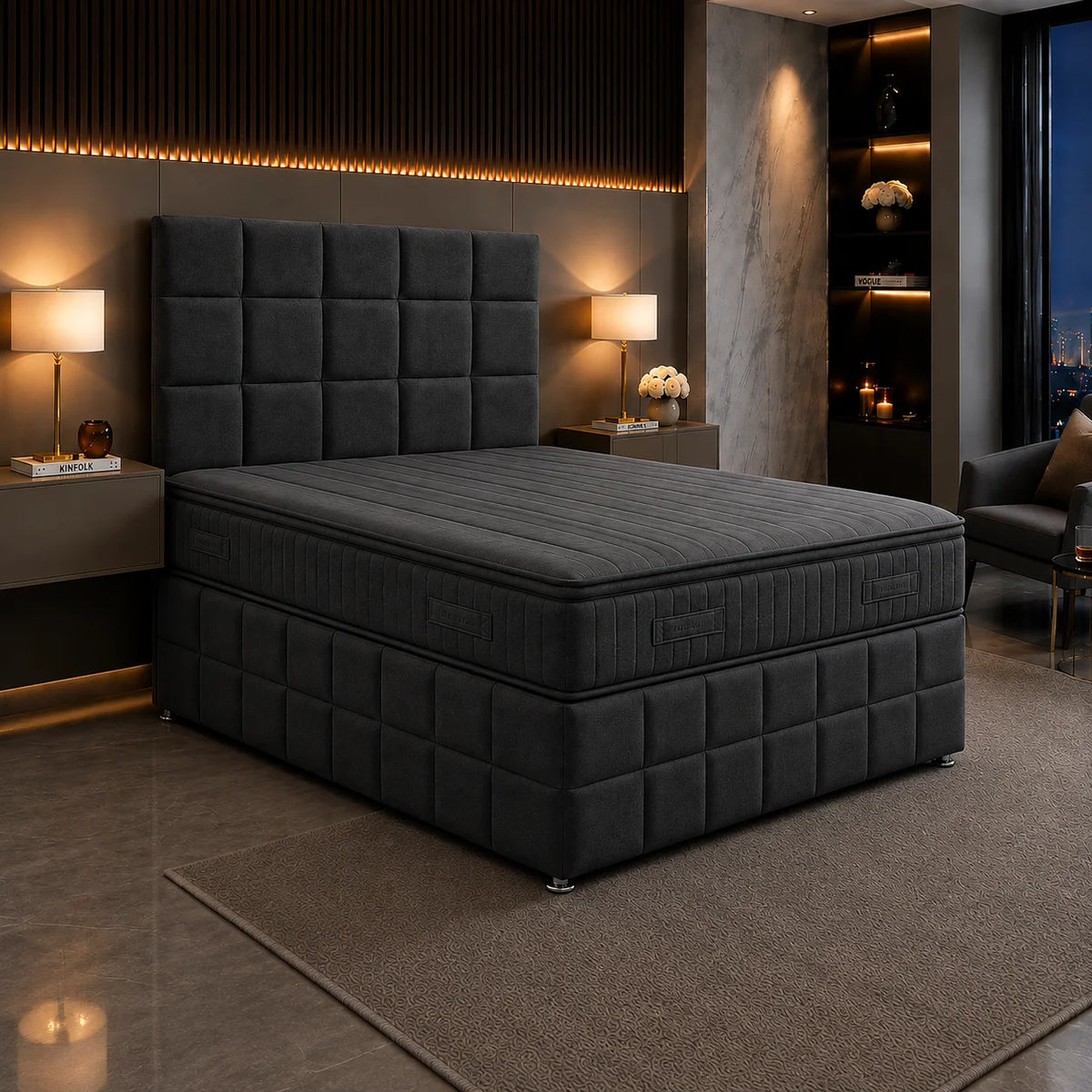 Cube Panel Divan Bed with Matching Cube Headboard | Choose Size, Colour & Fabric