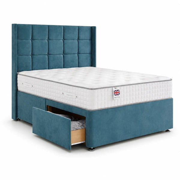 Divan Bed with Cube Winged Headboard & Front Drawers | Choose Size, Colour & Fabric
