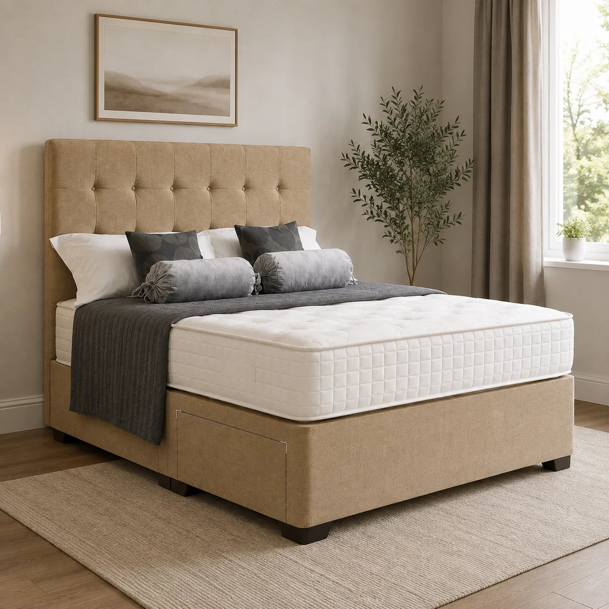 Divan Bed with 2 Side Drawers & Cube Headboard | Choose Size, Colour & Fabric