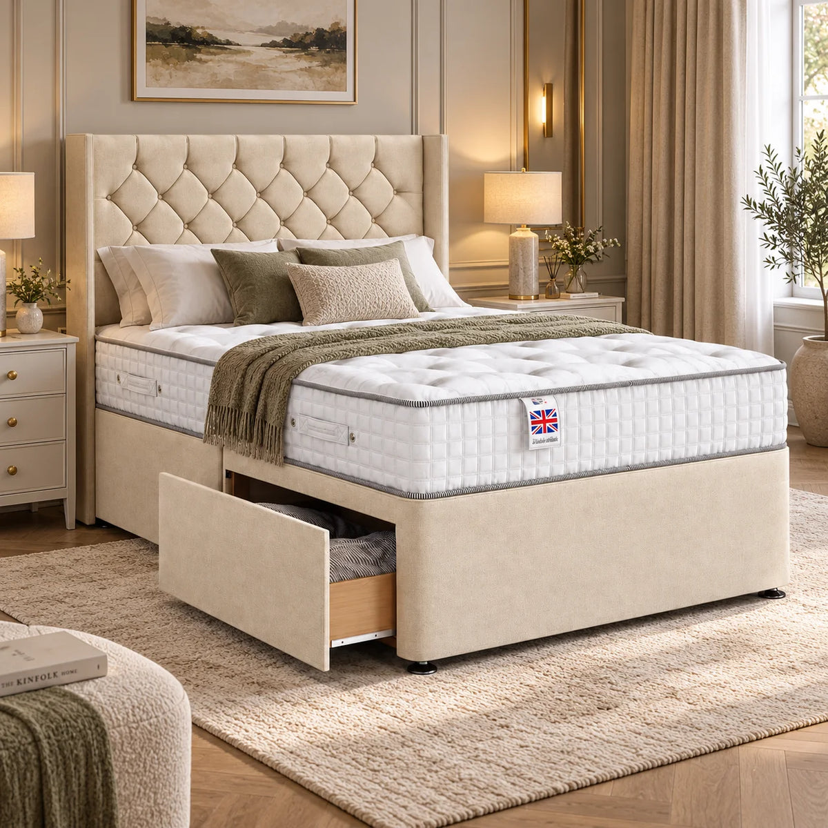 Divan Bed | Wing Chesterfield | Cream | Choose Sizes, Colours & Fabrics