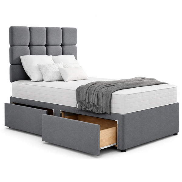 Divan Bed | Cube Headboard | Grey | Single | Choose Colours & Fabrics