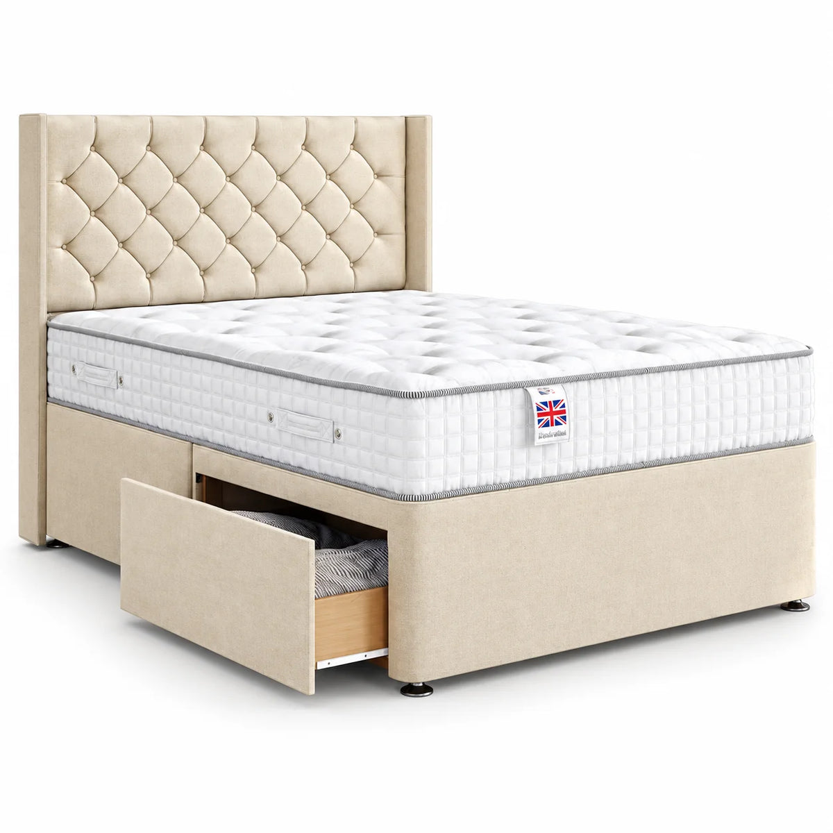 Divan Bed | Wing Chesterfield | Cream | Choose Sizes, Colours & Fabrics