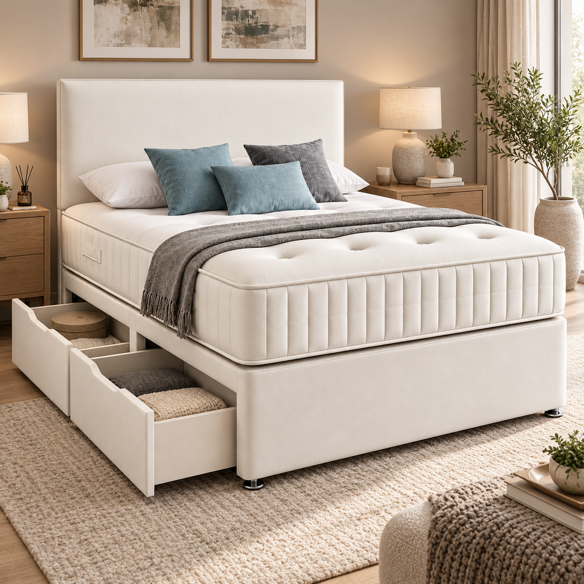 Divan Bed | Flat Panel Headboard | White | Choose Sizes, Colours & Fabrics