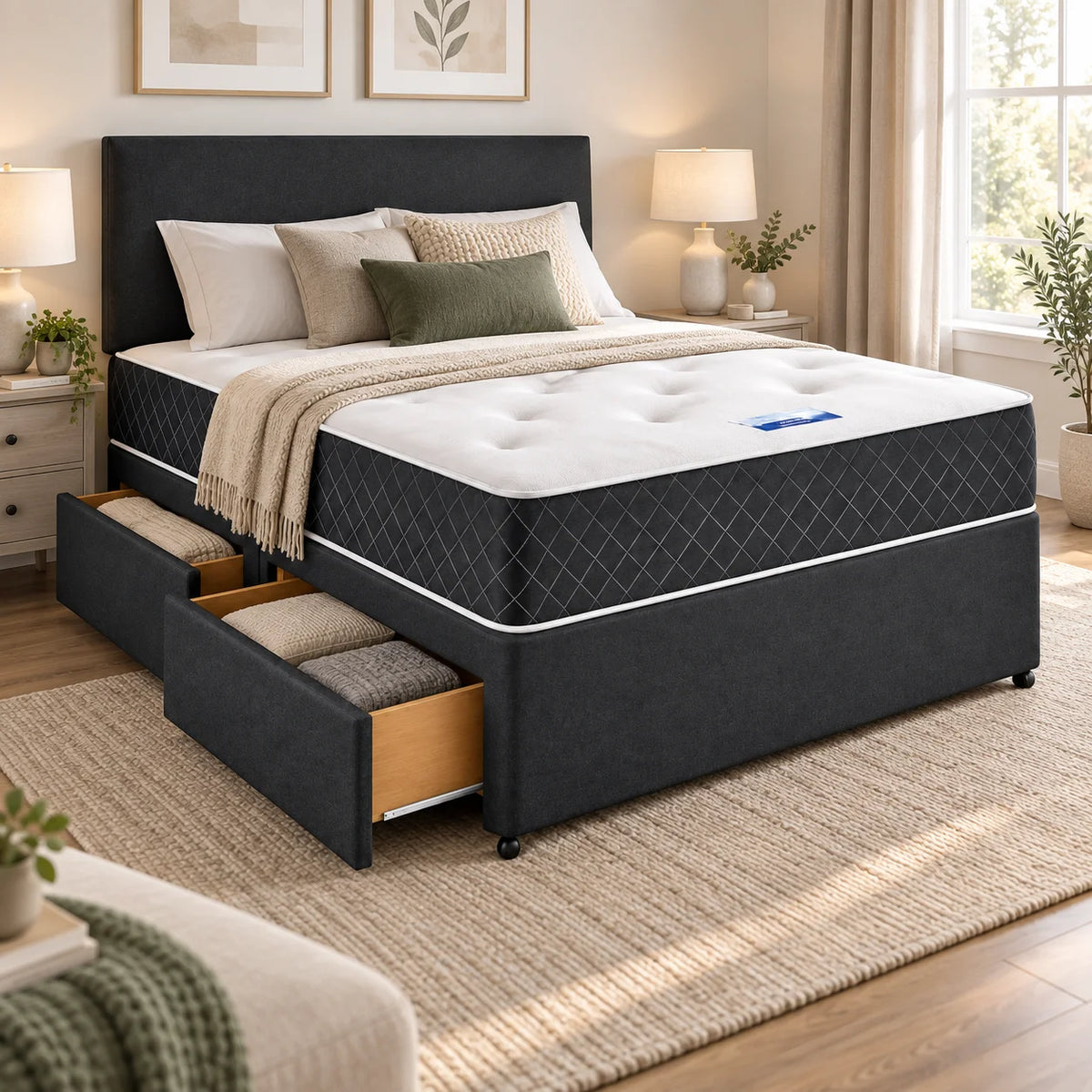 Divan Bed | Flat Panel Headboard | Charcoal | Choose Sizes, Colours & Fabrics