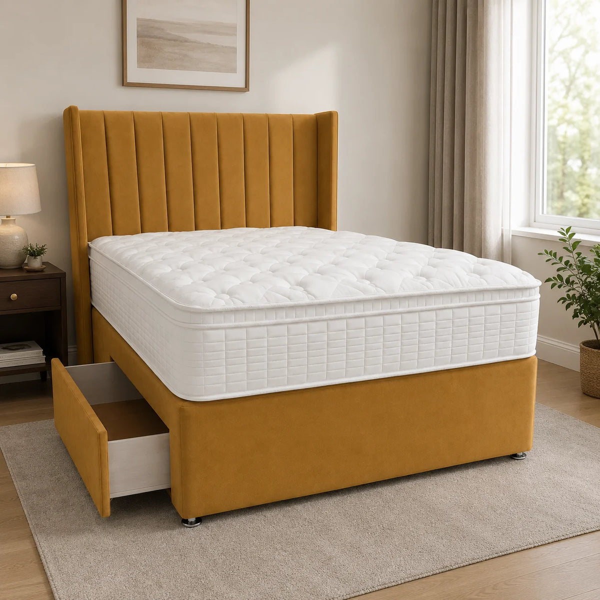Divan Bed | Wing Panel Line | Mustard | Choose Sizes, Colours & Fabrics