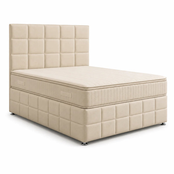 Cube Panel Divan Bed with Matching Cube Headboard | Choose Size, Colour & Fabric