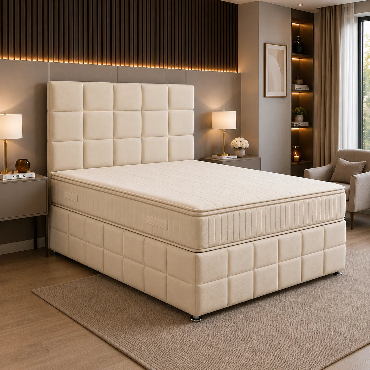 Cube Panel Divan Bed with Matching Cube Headboard | Choose Size, Colour & Fabric