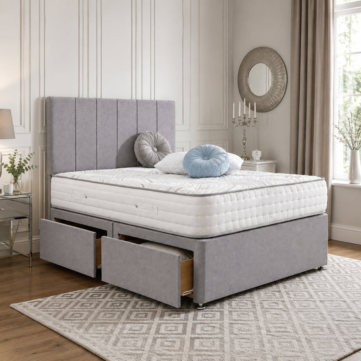 Panel Line Divan Bed | Upholstered Base with Mattress & Storage Options
