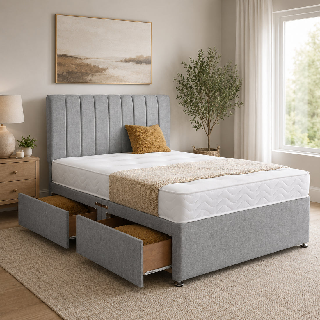 Panel Line Divan Bed Base with Optional  Storage | Modern Upholstered Design | Bedroom Bliss