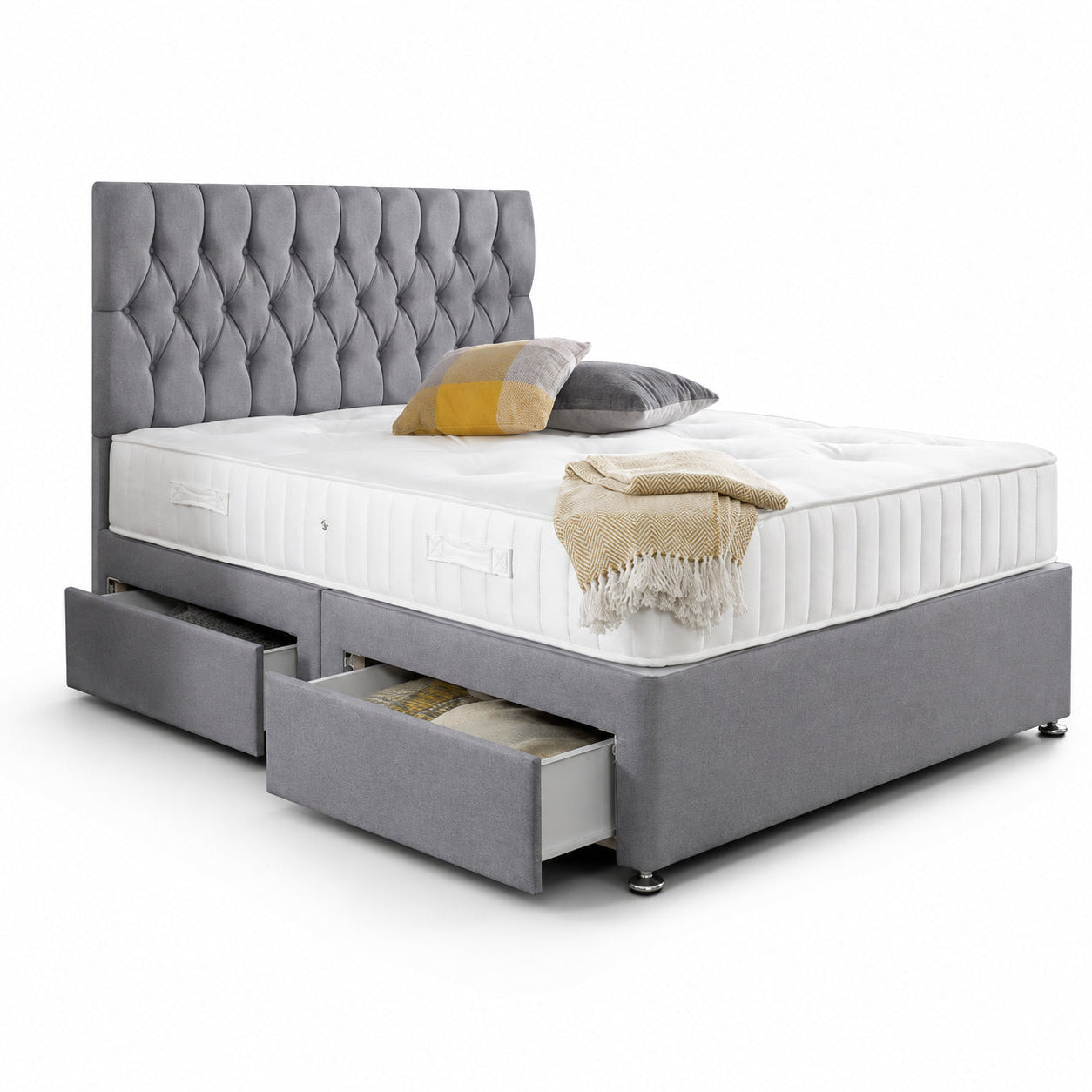 Luxury Chesterfield Divan Bed with Button-Tufted Headboard, Storage Base &amp; Premium Mattress