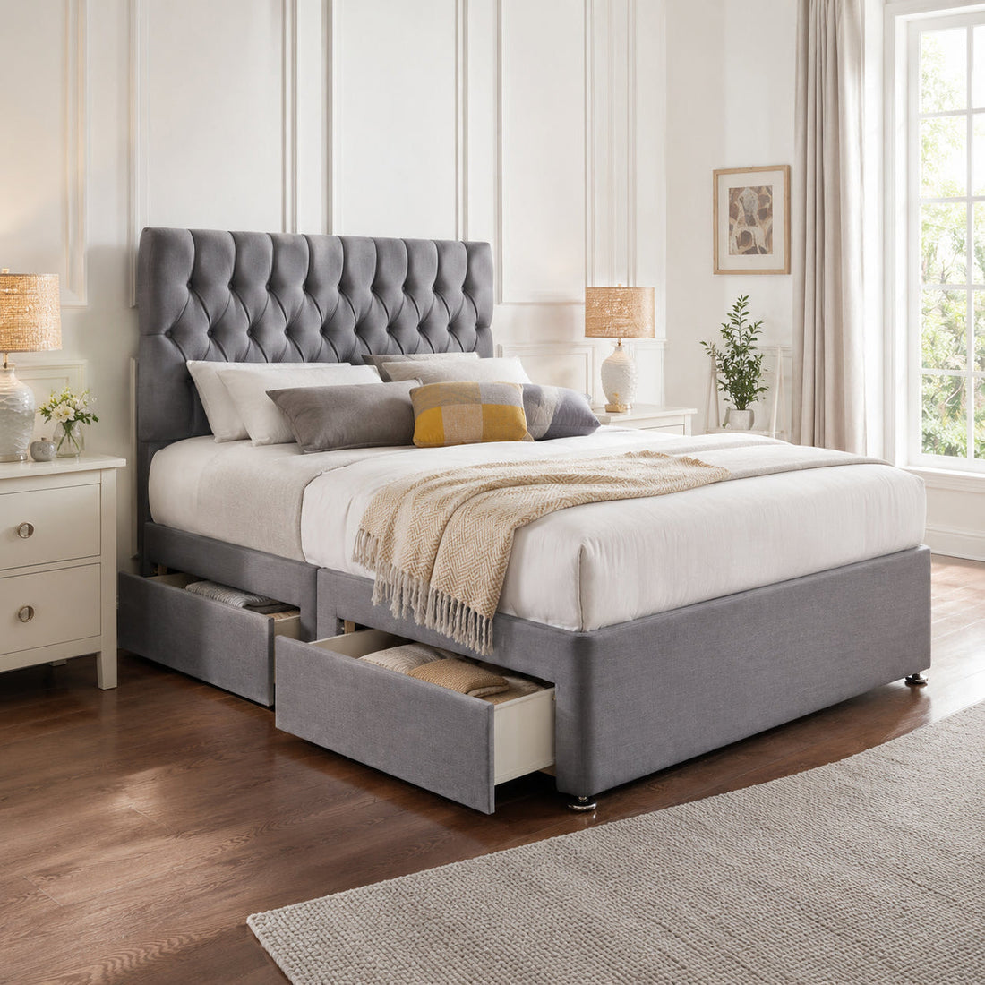 Luxury Chesterfield Divan Bed with Button-Tufted Headboard, Storage Base &amp; Premium Mattress