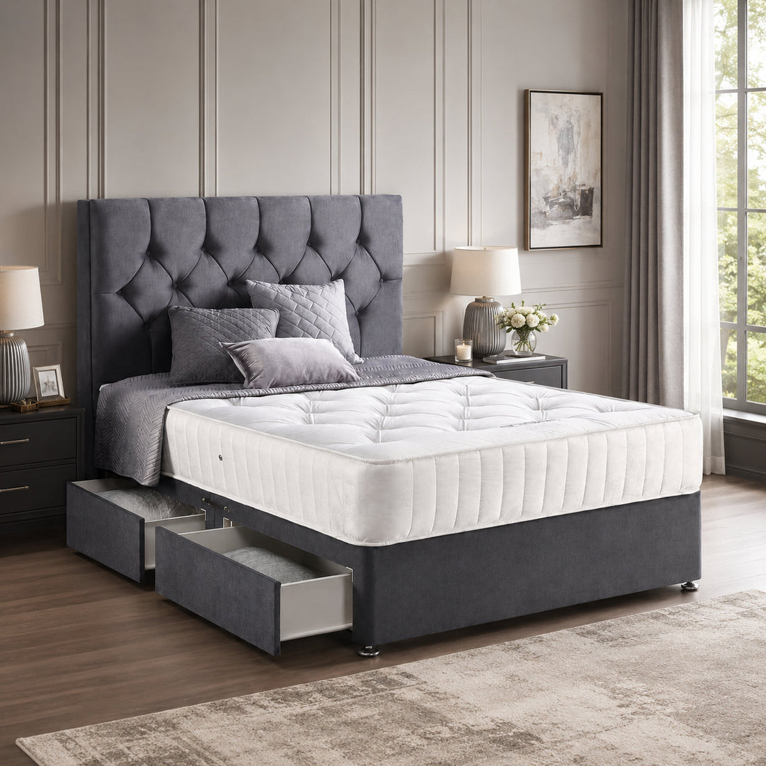 Chesterfield Upholstered Divan Bed Set with Button-Tufted Headboard