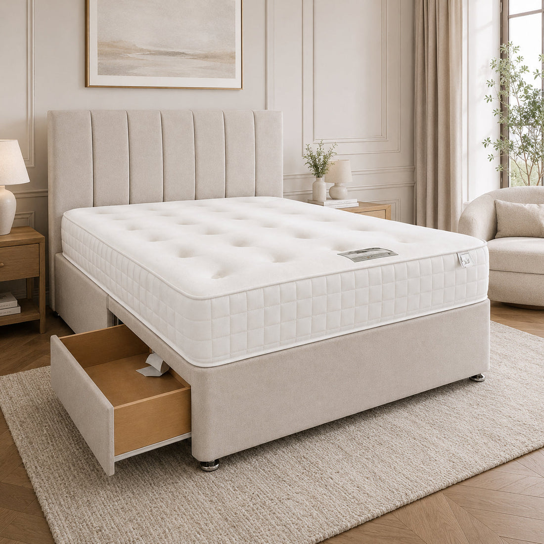 Panel Line Divan Bed Base with Optional; Storage | Upholstered Divan Frame | Bedroom Bliss