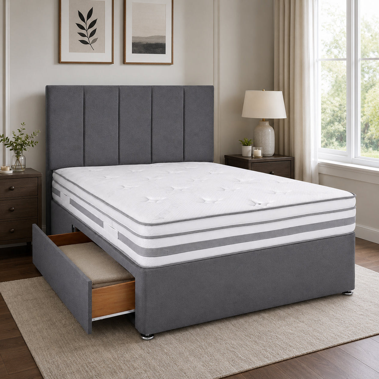 Panel Line Divan Bed Base with Optional; Storage | Upholstered Divan Frame | Bedroom Bliss (Copy) (Copy)