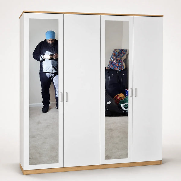 White & Oak 4-Door Wardrobe with Dual Full-Length Mirrors | More Colours Available