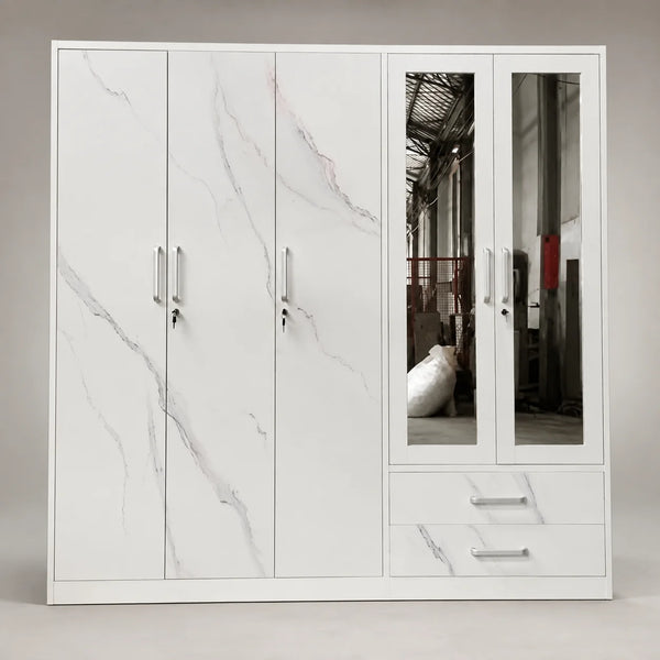 White Marble-Effect 4-Door Wardrobe with Dual Mirrors & Drawers | More Colours Available
