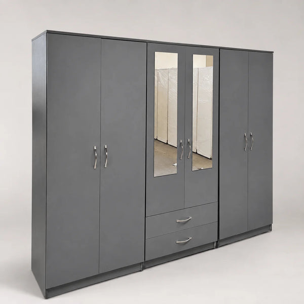 Grey 6-Door Wardrobe with Dual Centre Mirrors & Storage Drawers | More Colours Available