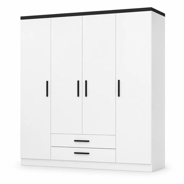 White 4-Door Wardrobe with Black Contrast Top & Storage Drawers