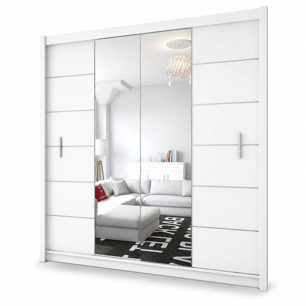 White Sliding Door Wardrobe with Dual Full-Length Mirrors & Chrome Strips