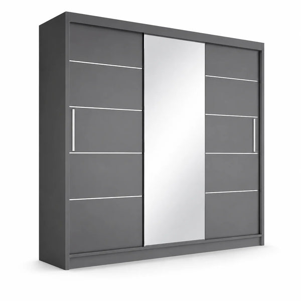 Dark Grey Sliding Door Wardrobe with Full-Length Mirror & Chrome Strips | More Colours Available
