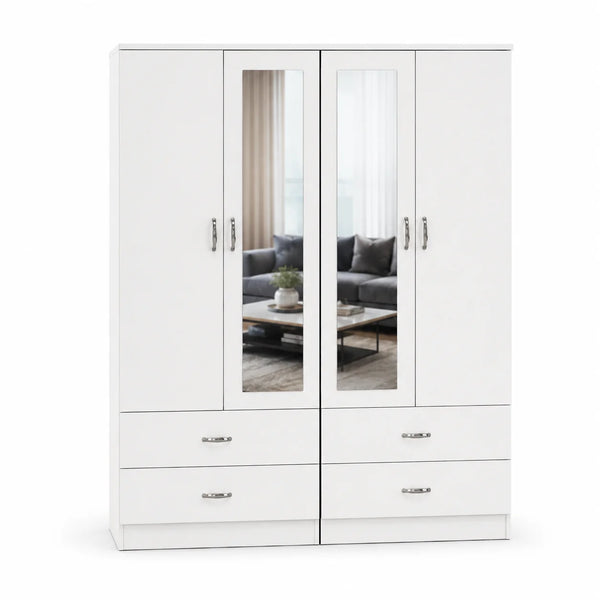 White 4-Door Wardrobe with Dual Mirrors & 4 Drawers