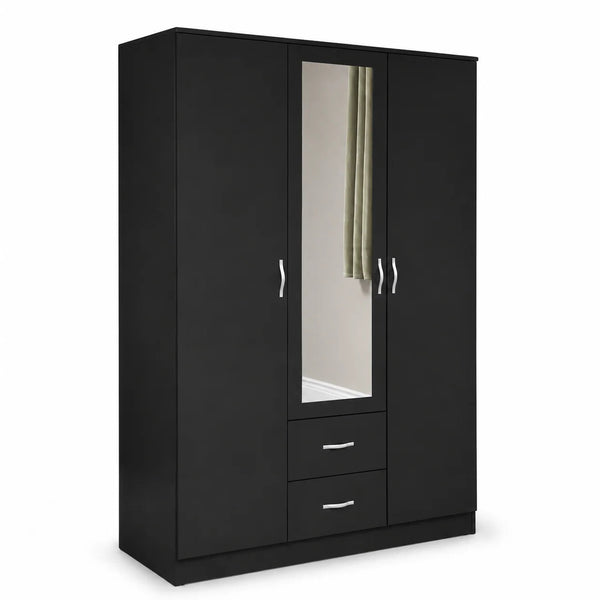 Black 3-Door Wardrobe with Centre Mirror & Storage Drawers