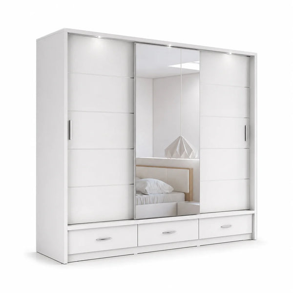 White Sliding Door Wardrobe with Centre Mirror, LED Lights & Drawers | More Colours Available | 257cm