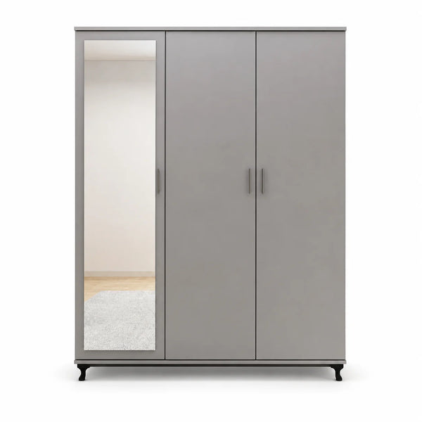 Grey 3-Door Wardrobe with Side Mirror & Black Legs