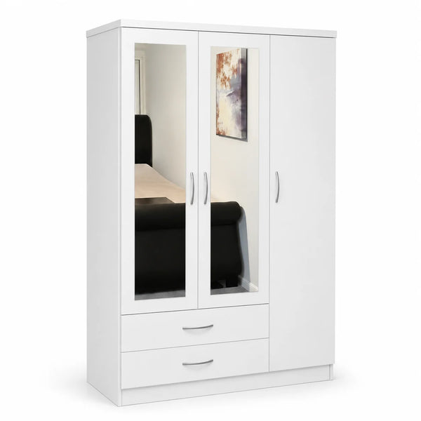 White 3-Door Wardrobe with Dual Mirrors & Storage Drawers | Choose Colours