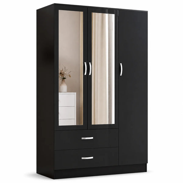 Black 3-Door Wardrobe with Double Mirror & Drawers