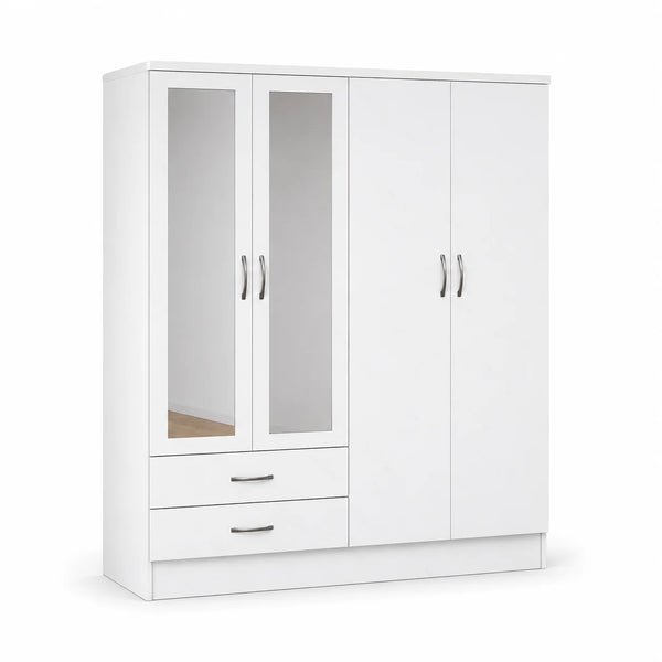 White 4-Door Wardrobe with Dual Side Mirrors & Storage Drawers | Choose Colours