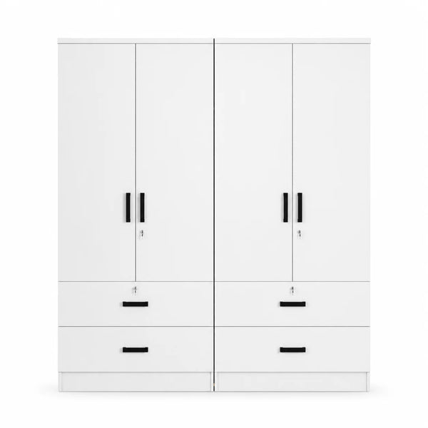 White 4-Door Wardrobe with 4 Lockable Drawers & Black Handles | More Colours Available