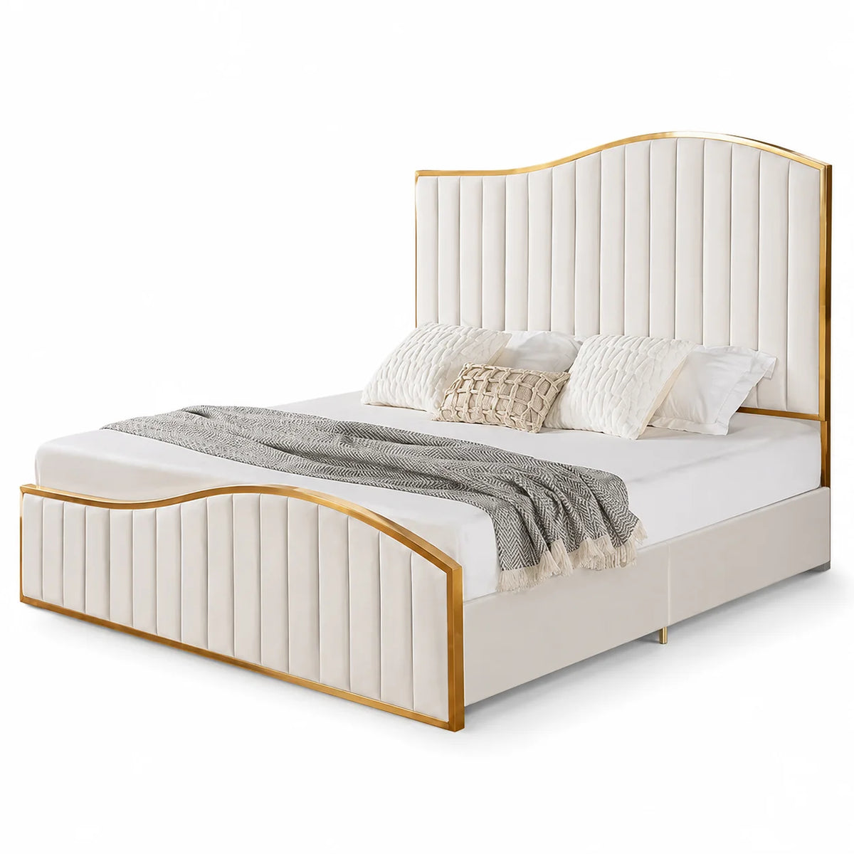 Luxury Gold Detailing Bed | Square Headboard | Cream | Choose Sizes, Colours & Fabrics