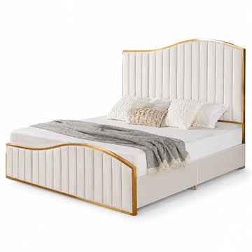 Luxury Gold Detailing Bed | Square Headboard | Cream | Choose Sizes, Colours & Fabrics