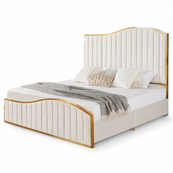 Luxury Gold Detailing Bed | Square Headboard | Beige | Choose Sizes, Colours & Fabrics