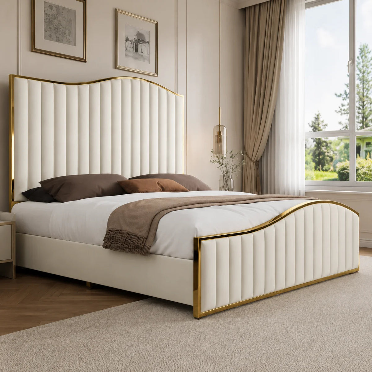 Luxury Gold Detailing Bed | Wave Arch Headboard | Cream | Choose Sizes, Colours & Fabrics
