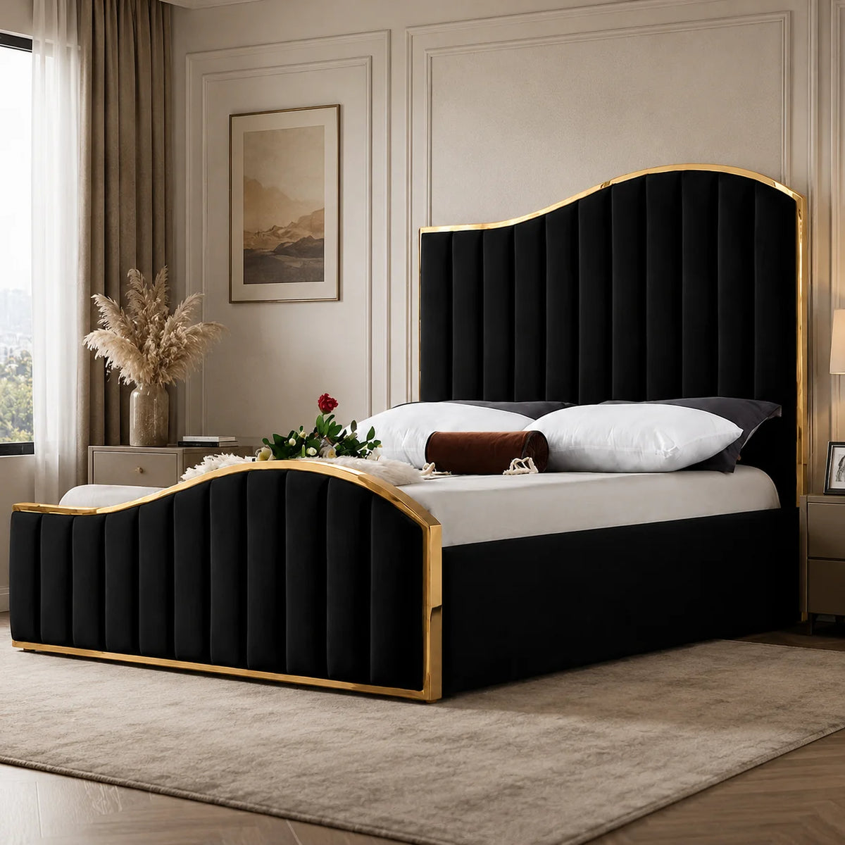Luxury Gold Detailing Bed | Curved Arch Headboard | Black | Choose Sizes, Colours & Fabrics