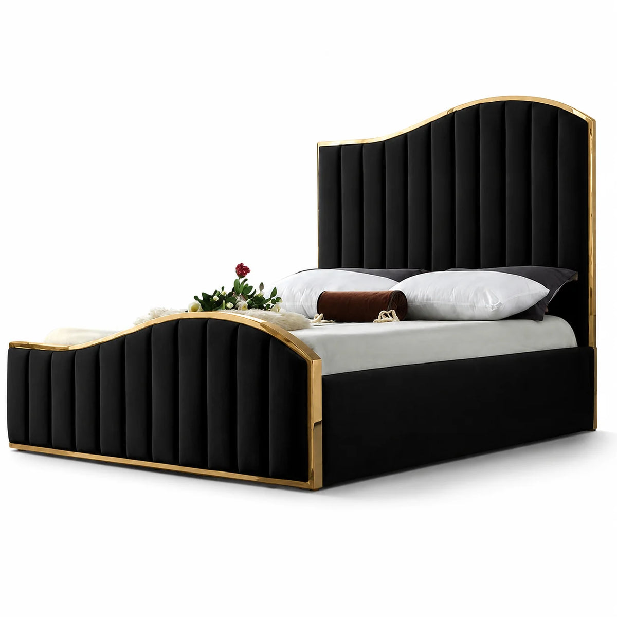Luxury Gold Detailing Bed | Curved Arch Headboard | Black | Choose Sizes, Colours & Fabrics