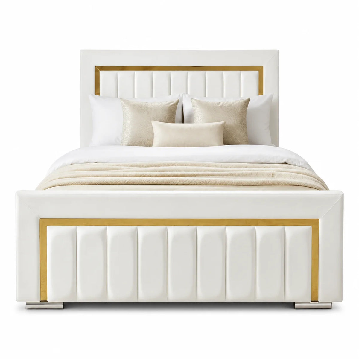 Luxury Gold Detailing Bed | Front Panel | White | Choose Sizes, Colours & Fabrics