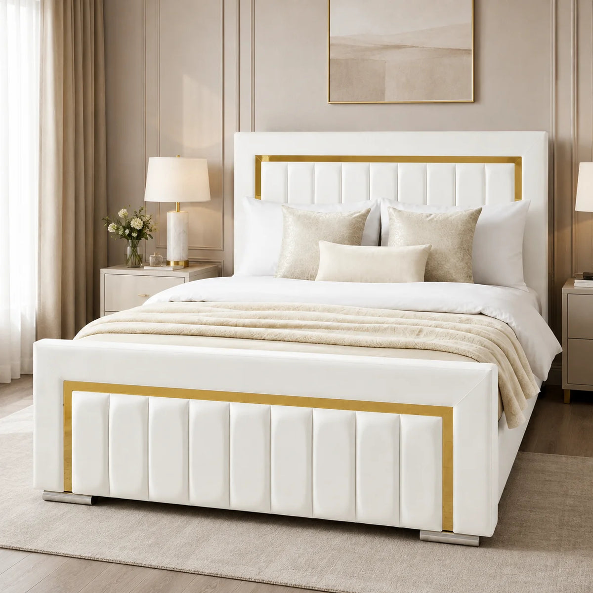 Luxury Gold Detailing Bed | Front Panel | White | Choose Sizes, Colours & Fabrics